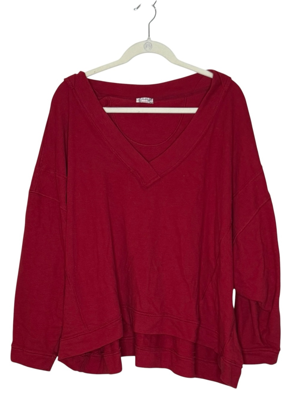 Free People Staycation V-Neck Pullover Lounge Top Sweatshirt L Cherry Red 🍒 - Picture 6 of 11
